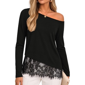 image:imageZESICA Womens Off the Shoulder Lace Shirts Fall Long Sleeve TopBlack
