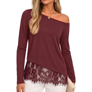 image:imageZESICA Womens Off the Shoulder Lace Shirts Fall Long Sleeve TopBurgundy