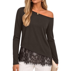 image:imageZESICA Womens Off the Shoulder Lace Shirts Fall Long Sleeve TopCoffee