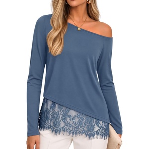 image:imageZESICA Womens Off the Shoulder Lace Shirts Fall Long Sleeve TopDustyblue
