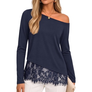 image:imageZESICA Womens Off the Shoulder Lace Shirts Fall Long Sleeve TopNavy