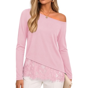 image:imageZESICA Womens Off the Shoulder Lace Shirts Fall Long Sleeve TopPink