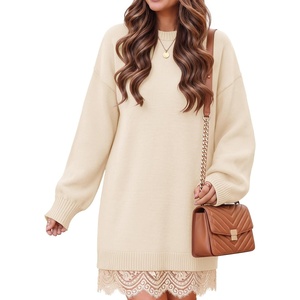 image:imageZESICA Womens Fall Striped Lace Trim Oversized Knit Sweater DressApricot