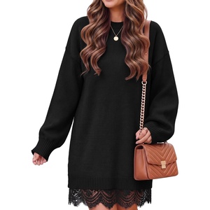 image:imageZESICA Womens Fall Striped Lace Trim Oversized Knit Sweater DressBlack