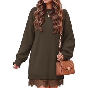 image:imageZESICA Womens Fall Striped Lace Trim Oversized Knit Sweater DressBrown