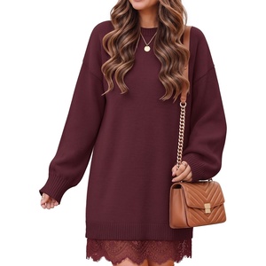 image:imageZESICA Womens Fall Striped Lace Trim Oversized Knit Sweater DressBurgundy