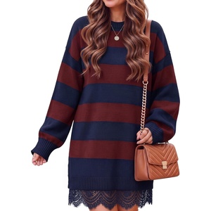 image:imageZESICA Womens Fall Striped Lace Trim Oversized Knit Sweater DressDark Blue
