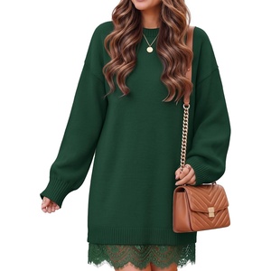 image:imageZESICA Womens Fall Striped Lace Trim Oversized Knit Sweater DressDark Green