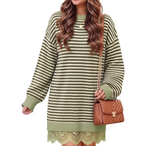 image:imageZESICA Womens Fall Striped Lace Trim Oversized Knit Sweater DressGreen Stripe