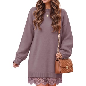 image:imageZESICA Womens Fall Striped Lace Trim Oversized Knit Sweater DressPurple