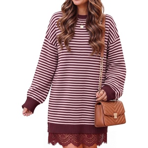 image:imageZESICA Womens Fall Striped Lace Trim Oversized Knit Sweater DressStripe Wine