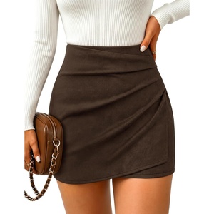 image:imageZESICA Womens Faux Suede Wrap Mini Skirt Fall High Waist Bodycon SkortDark Brown