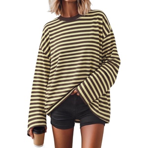 image:imageZESICA Womens Striped Oversized Fall Long Sleeve TShirts Y2K Going Out TopYellow Brown
