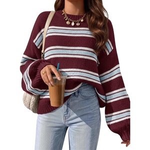image:imageZESICA Womens Striped Fall Winter Sweaters Oversize Cozy Casual Work OutfitBurgundy Stripe