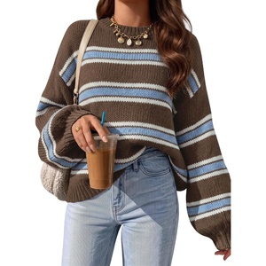 image:imageZESICA Womens Striped Fall Winter Sweaters Oversize Cozy Casual Work OutfitCoffee Stripe